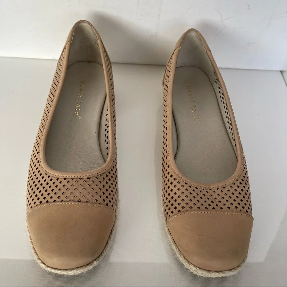 David Tate Ballet Flat Laser Cut‎ Leather Espadrilles Wedge Tan Sz 8